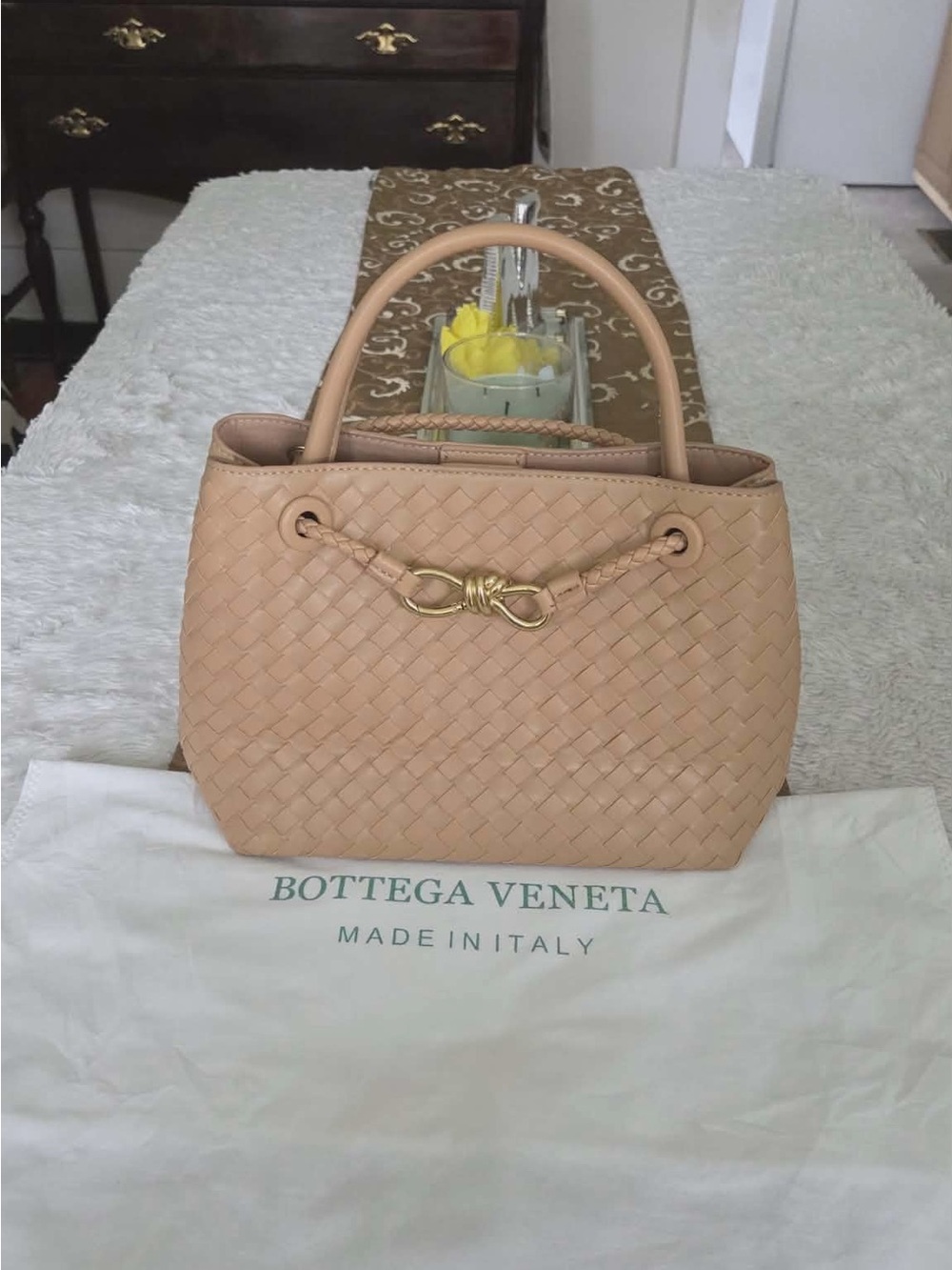 Bottega Veneta Beige Intrecciato Leather Satchel with Gold Hardware